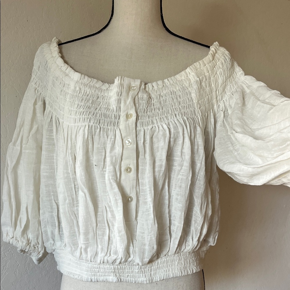 Free People White Smocked Off-Shoulder Blouse